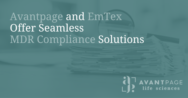 A pile of document files with a magnifier on top with Avantpage Life Sciences logo and the blog title that reads: Avantpage and EmTex Offer Seamless MDR Compliance Solutions