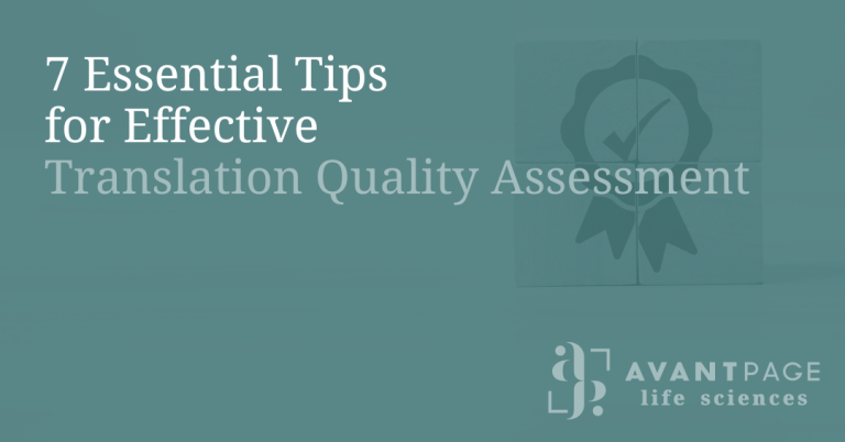 A wooden puzzle cube with the quality sign on it, the Avantpage Life Sciences logo and a blog post title that reads: 7 Essential Tips for Effective Translation Quality Assessment