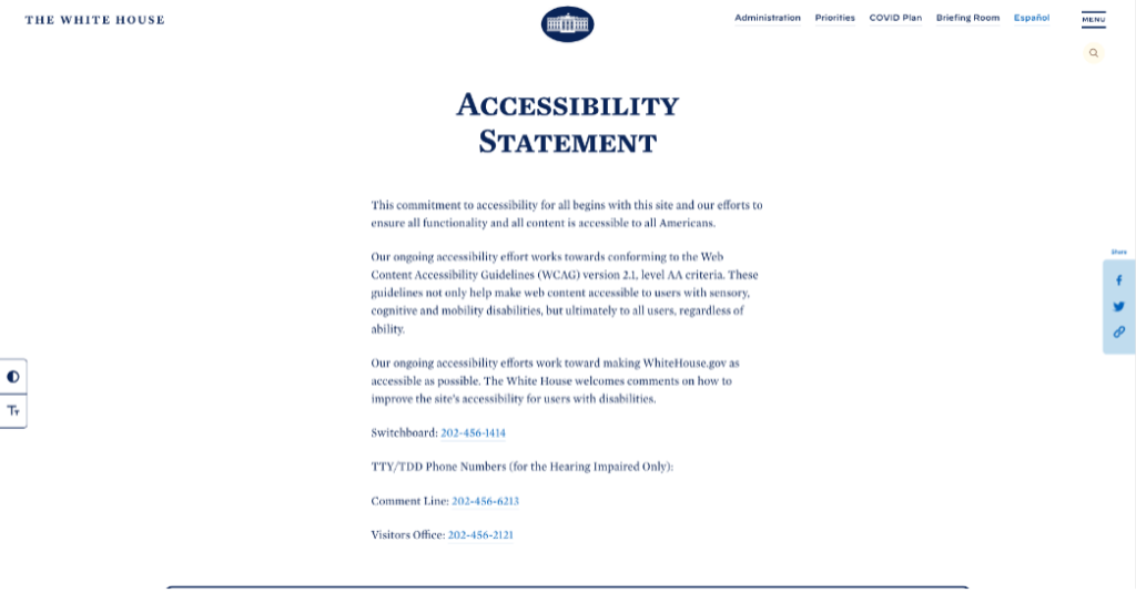 Screenshot of whitehouse.gov's accessibility statement webpage