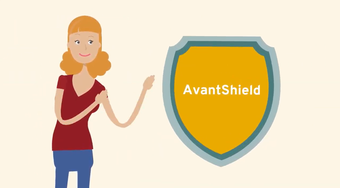 Video screenshot of a cartoon person pointing to a large security symbol that reads "AvantShield" for Avantpage's proprietary technology on PHI masking for secure translations